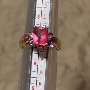 14K Gold Pink Tourmaline & Amethyst Statement Ring